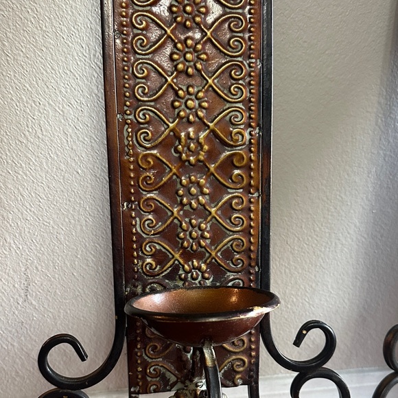 Ornate Metal Brown and Gold Patina Wall Sconces - Picture 3 of 5